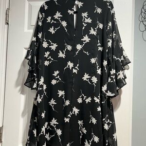 Calvin Klein Black and White Floral Long Sleeve Dress